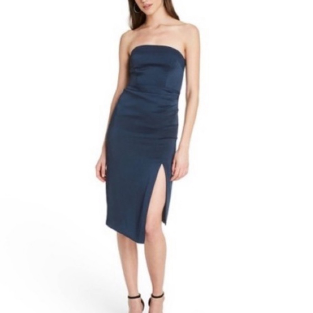 Cushnie Navy Strapless Ruched Midi Dress Side Slit Designer Cocktail Size 12 - Picture 3 of 6